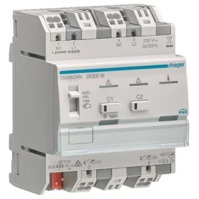 Hager Universal-Dimmaktor 2-fach TXA662AN KNX Steuerbaustein | 2x300W | REG | LED/ESL kompatibel | Handbedienung | IP20
