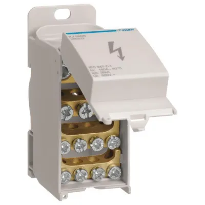 HAGER Verteilerblock KJ02CN 160A 1-polig | Frontabdeckung geschlossen | 2x50mm² | 3x16mm² | 8x10mm² | kompakt