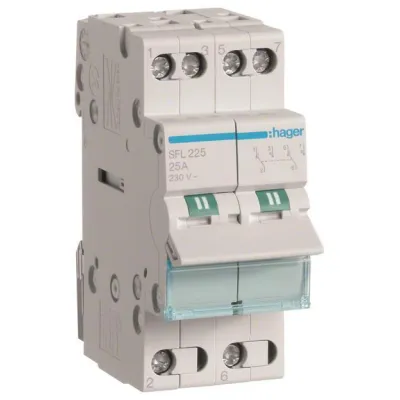 Hager Wechselschalter SFL225 | 2-polig | 25A | 230V AC | 2 Wechsler | REG | 2TE | IP20 | Beschriftungsfeld | Erweiterbar