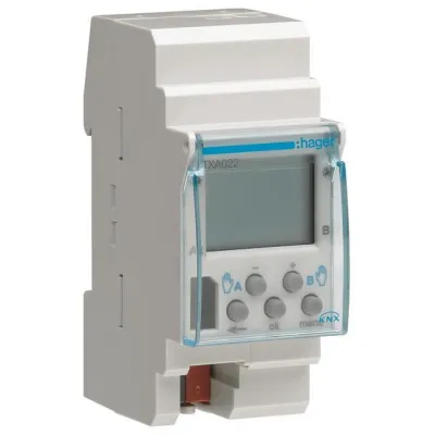 Hager Zeitschaltuhr KNX TXA022 | 2 Kanäle | Wochenschaltuhr | REG 2TE | Heizungs- & Jalousiesteuerung | IP20