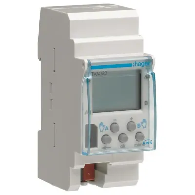 Hager Wochenschaltuhr KNX TXA023 | 2 Kanäle | DCF77 Funk | Wochenprogramm | Jalousie Rollladen Steuerung | IP20