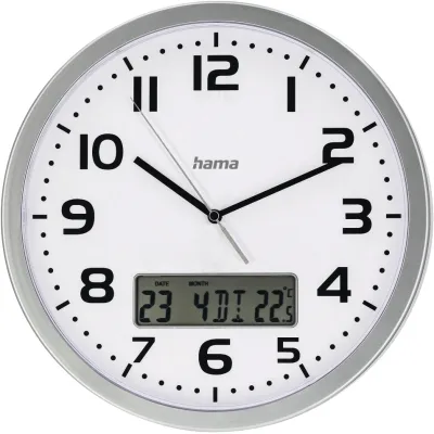 Hama Funkwanduhr Moorea 185878 | DCF Funkuhr | Ø 30cm | Datum & Temperatur | Silent | Großes Ziffernblatt | Silber