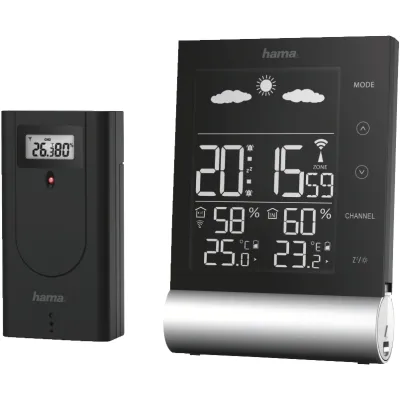 Hama Wetterstation Black Line | Funk-Außensensor | Wettervorhersage | Temperatur & Luftfeuchtigkeit | schwarz