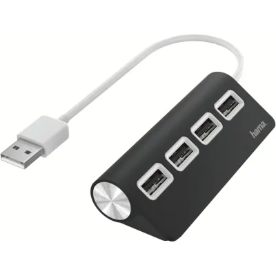 Hama USB-Hub 200119 | 4 Ports USB 2.0 | 480 Mbit/s | extern | große Buchsenabstände | knickgeschützt | schwarz