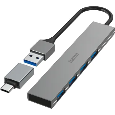 Hama USB-Hub 200141 | 4 Ports | USB 3.2 Gen1 | 5 Gbit/s | Ultra Slim | inkl. USB-C Adapter | extern | Grau