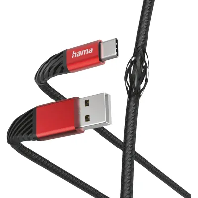 Hama USB-C auf USB-A Kabel 201540 | Schnellladekabel 1,5m | Nylon, Kevlar verstärkt, robust, flexibel | Schwarz-Rot