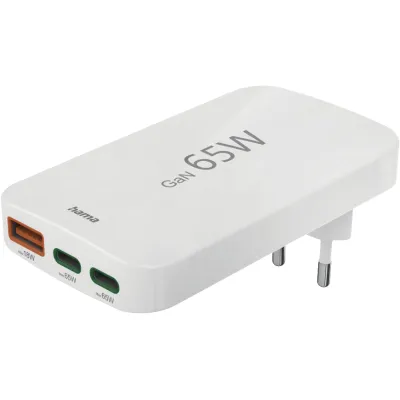 Hama Schnellladegerät 65W | USB-C Ladegerät | 2x USB-C & USB-A | Power Delivery | Quick Charge | extra flach | weiß