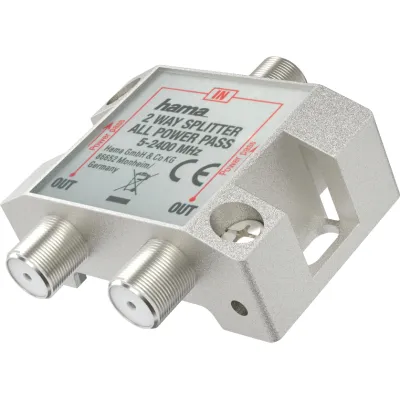 Hama SAT-Verteiler 205231 | 2-fach | voll geschirmt | 5-2400 MHz | DC-Durchgang | HDTV geeignet | Silber