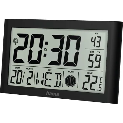 Hama Digitale Funkwanduhr 222217 Martinique | DCF Funkuhr | Thermometer | Hygrometer | Mondphasen | Wecker | Schwarz
