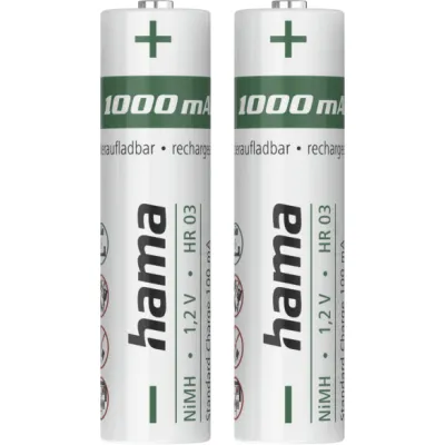 Hama NiMH Akkus 223524 | AAA Micro Akku 2er-Set | 1000 mAh | 1,2 V | vorgeladen | geringe Selbstentladung