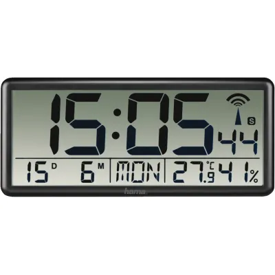 Hama Digitale Funkwanduhr Jumbo 186352 | XXL Wanduhr | Funkuhr | Thermometer | Hygrometer | Datum | Schwarz | 36x16 cm