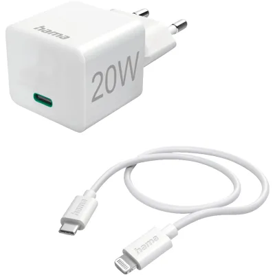 Hama Schnellladegerät Mini 201620 | 20W USB-C Netzteil mit Lightning Kabel | für iPhone, iPad, AirPods | 1m | Weiß