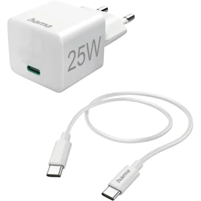 Hama Schnellladegerät Mini 201624 USB-C 25W | Power Delivery | Quick Charge 3.0 | 1,5m Kabel | Weiß