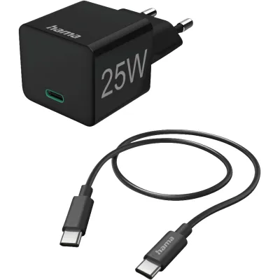 Hama Schnellladegerät Mini 201623 | USB-C Ladegerät 25W PD 3.0 | Quick Charge | 1m Kabel | Schwarz
