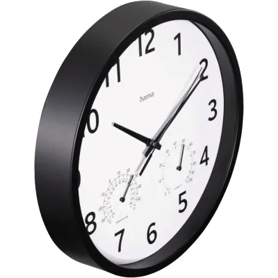 Hama Wanduhr Malta 185868 | Quarzuhr analog | Hygrometer & Thermometer | geräuscharm | Ø 25 cm | schwarz