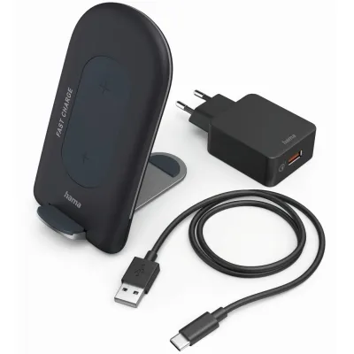 Hama Wireless Charger Set QI-FC15S 00201689 | Induktions-Ladestation 15W Qi Schnellladen | USB-C | für Smartphone | Grau
