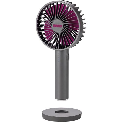 Bild: Handventilator UNOLD 86629 Breezy II anthrazit mit Akku USB-Ladekabel Standfuß