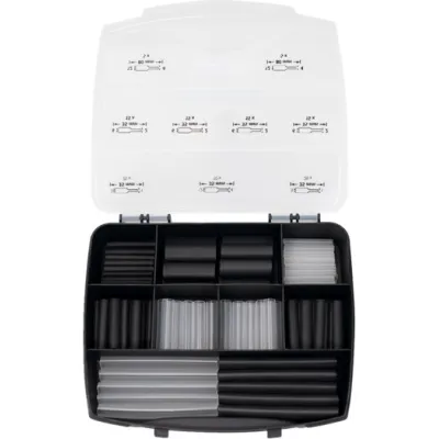 HellermannTyton Schrumpfschlauch-Set ShrinKit 321-A BASIC | 3:1 Schrumpfrate | 130-tlg. | 3–12 mm | schwarz/transparent