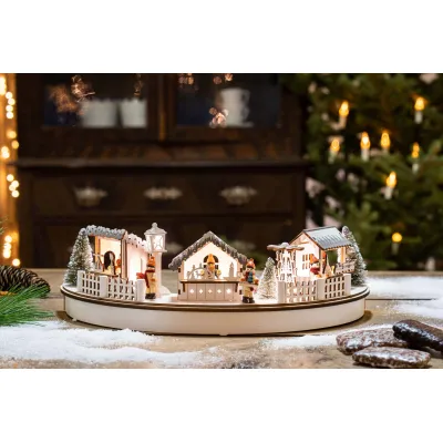 Hellum LED Holz-Stadt-Szenerie Halbkreis | Weihnachtsdeko | 8 LEDs | Timer | Ø 39cm | batteriebetrieben | innen | Holz