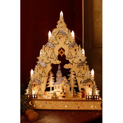 Hellum LED-Holzleuchter 525021 | Schwibbogen Weihnachten | natur Holz | 18 LEDs warmweiß | Timer | 40x9x54 cm