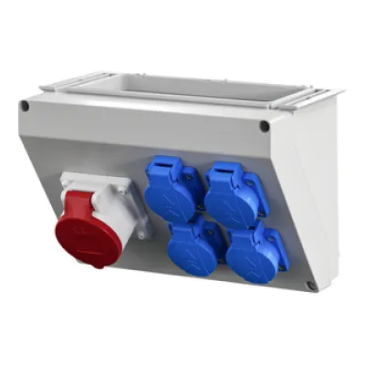 Hensel Connection Box FP CB 216 | 1x CEE 16A 5-polig 400V | 4x Schuko IP44 | für Gehäusewände | Kunststoff | grau