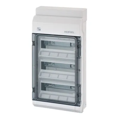 Hensel Kleinverteiler KV PC 9336 | Aufputz | 3 Reihen 12TE | IP65 | Polycarbonat | DIN-Schiene | grau | transparente Tür