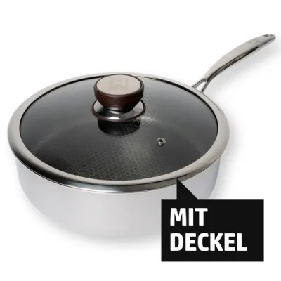 Henssler Schmorpfanne HSN 26cm mit Glasdeckel | Edelstahl | Antihaft | Wabenstruktur | Induktion & Backofen geeignet