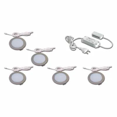 Hera LED Einbaustrahler Set | 5x4W | 3000K warmweiß | rund | Edelstahl-Optik | Ø68mm | inkl. Trafo | Kunststoff