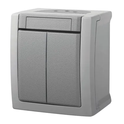 Panasonic Serienschalter 90591002-DE | Aufputz | IP54 Feuchtraum | Schlagfest IK05 | Wippe | grau | Beschriftungsfeld