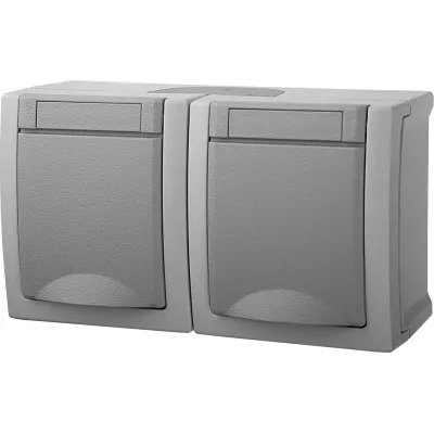 HHG Pacific Schuko Steckdose 2-fach 90591088-DE | Aufputz IP54 | waagerecht | Klappdeckel | grau | 16A 250V | IK05