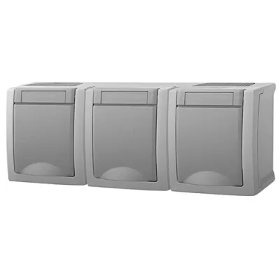 HHG Pacific Schuko Steckdose 3-fach 90591498-DE | Aufputz IP54 | Klappdeckel | Durchschleiffunktion | 16A 250V | grau