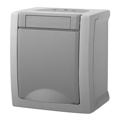 Panasonic Steckdose Aufputz 90591008-DE | Schutzkontakt IP54 | Klappdeckel | beschriftbar | grau | 16A | IK05 | RAL 7035