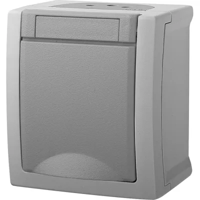 Panasonic Steckdose Aufputz 90591008-DE | Schutzkontakt IP54 | Klappdeckel | beschriftbar | grau | 16A | IK05 | RAL 7035