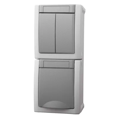 Panasonic Steckdosen-Schalter-Kombination 90591082-DE | Serienschalter | Schuko Typ F | Aufputz | IP54 | vertikal | grau