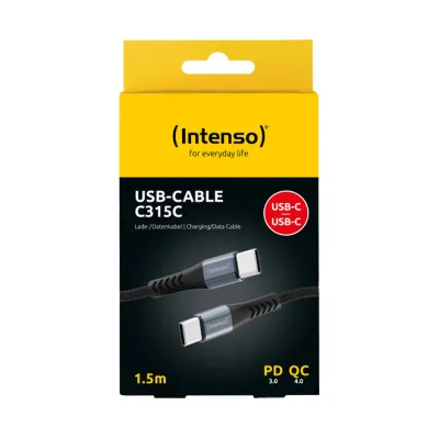Intenso USB-C auf USB-C Kabel C315C 7901000 | 60W Schnellladen | 1,5m Nylon | Datenkabel für Samsung, MacBook | Schwarz