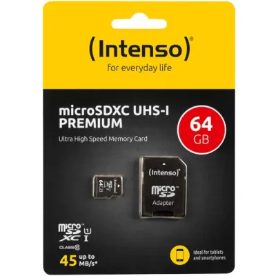 Intenso microSDXC Speicherkarte 3423490 | 64GB | UHS-I U1 | Class 10 | inkl. SD-Adapter | bis 90MB/s Lesen | Schwarz