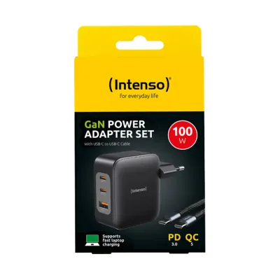 Intenso Power Adapter Set W100ACC+C520C | 100W GaN Schnellladegerät | USB-C & USB-A | Power Delivery | 3 Geräte