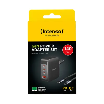Intenso Power Adapter W140A3C GaN | USB Ladegerät 140W | 3x USB-C & 1x USB-A | Schnellladefunktion | Schwarz