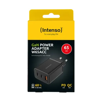 Intenso Power Adapter W65ACC GaN | 65W Ladegerät | Schnellladen | 2x USB-C, 1x USB-A | Schwarz