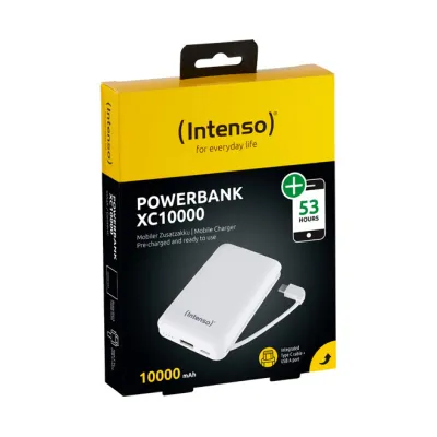 Intenso Powerbank XC10000 | 10.000 mAh | USB-C & USB-A Anschlüsse | Integriertes USB-C Kabel | Weiß