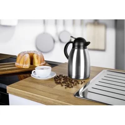 Isolierkanne Edelstahl 1,5L | Modell 116793 | doppelwandig | Einhand-Ausgießautomatik | Warmhaltekanne silber