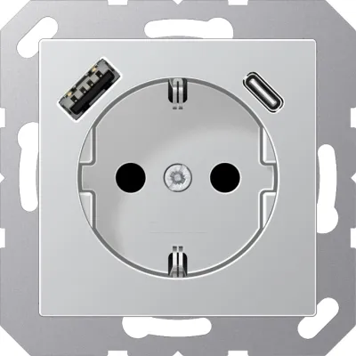 JUNG SCHUKO Steckdose A1520-15CAAL | USB-A & USB-C Ladefunktion | Unterputz | 16A/250V | Berührungsschutz | Aluminium