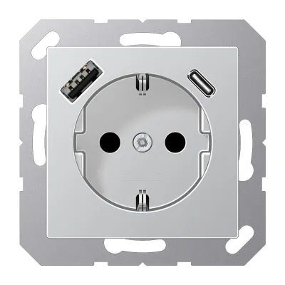 JUNG SCHUKO Steckdose A1520-15CAAL | USB-A & USB-C Ladefunktion | Unterputz | 16A/250V | Berührungsschutz | Aluminium