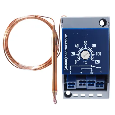 JUMO Temperaturwächter 60003283 | mechanisch | 0–120 °C | Kapillarrohr 87 mm | 2 m Fernleitung | Hutschiene/Wandmontage