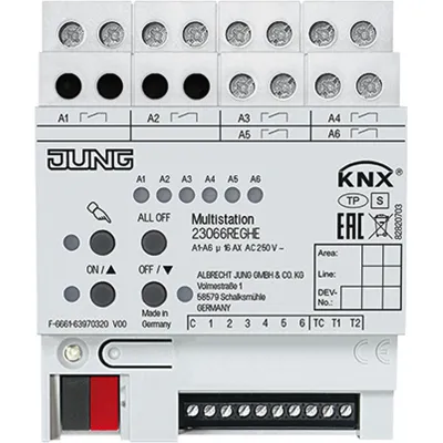 JUNG KNX Multistation 23066REGHE | Schaltaktor & Jalousieaktor | 6-fach | REG 4TE | Temperaturregler | weiß | Kunststoff