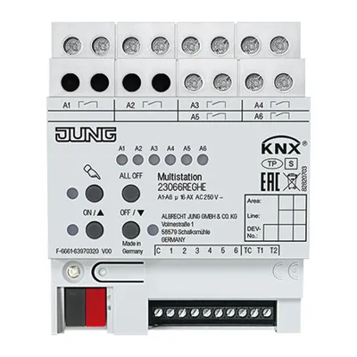 JUNG KNX Multistation 23066REGHE | Schaltaktor & Jalousieaktor | 6-fach | REG 4TE | Temperaturregler | weiß | Kunststoff