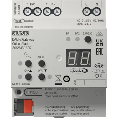 JUNG KNX DALI-2 Gateway Colour 2fach 30128 1S DA2 R | REG-Gehäuse 4TE | 2 Kanäle | 2x64 DALI | 110-240V | LED | IP20