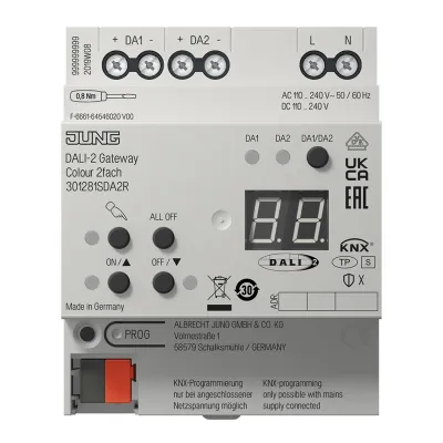 JUNG KNX DALI-2 Gateway Colour 2fach 30128 1S DA2 R | REG-Gehäuse 4TE | 2 Kanäle | 2x64 DALI | 110-240V | LED | IP20