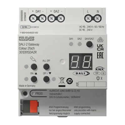 JUNG KNX DALI-2 Gateway Colour 2fach 30128 1S DA2 R | REG-Gehäuse 4TE | 2 Kanäle | 2x64 DALI | 110-240V | LED | IP20