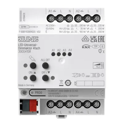 JUNG KNX LED-Universal-Dimmaktor 390041SR | 4-fach | REG 4TE | 1-225W | Handbedienung | LED-Anzeige | ETS5 | Hutschiene